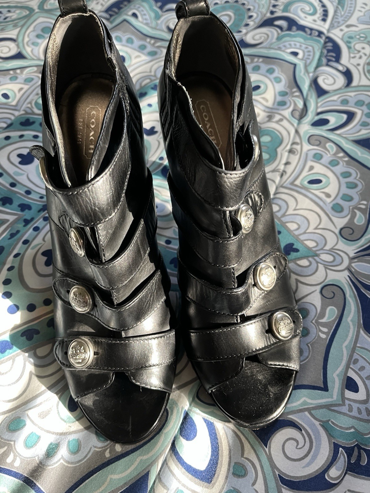 COACH Women’s Black Leather Strappy Open Toe Zip Stiletto Heels Logo US 11