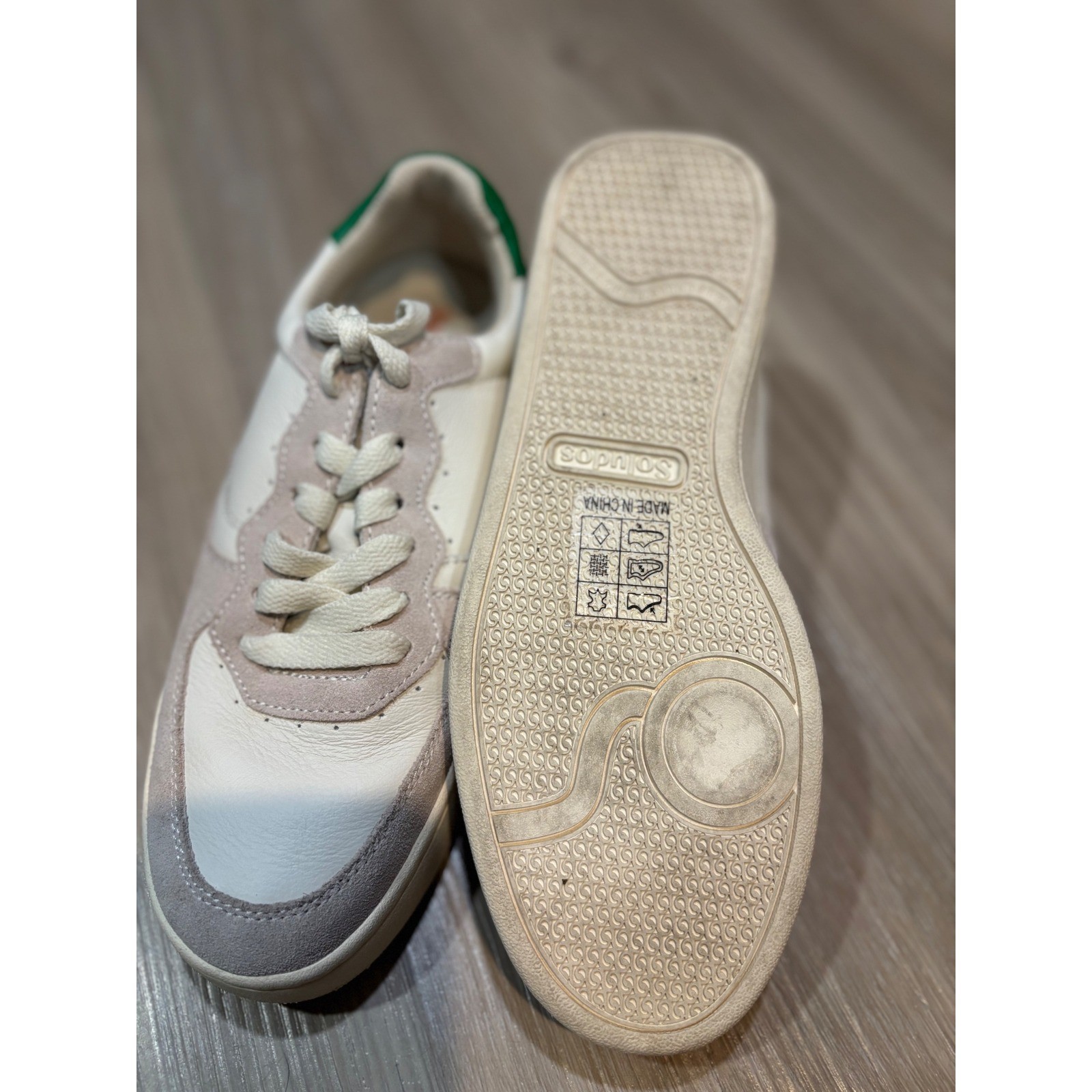 Soludos Ashore Leather Sneakers Cream Grey Green Low Top Lace Up Womens 8
