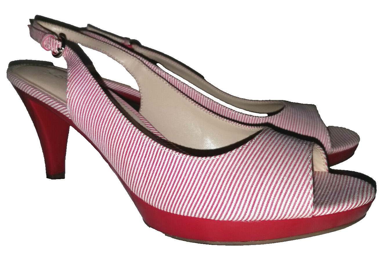 Aubrey Lynn Al Kamea Red White Stripes Pink Pump Slingback Heel Size 9 NEW $70
