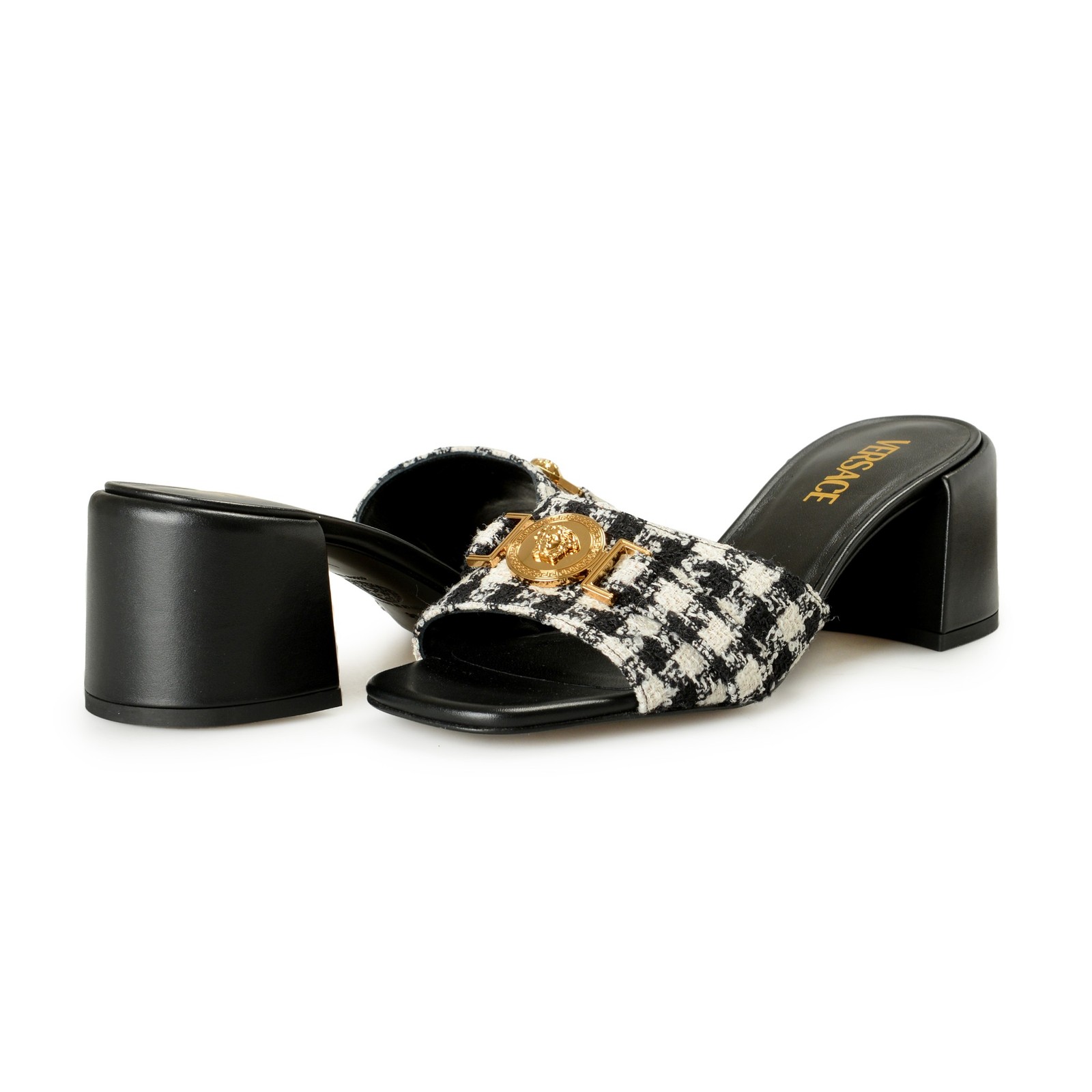 Versace Women’s Check Gold Medusa Heeled Sandals Mules Shoes US 6 IT 36