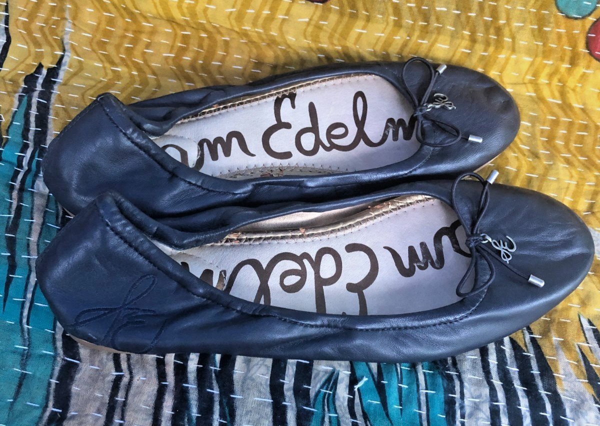Sam Edelman Felicia Ballet Flats Navy Leather Bow Logo Women’s 7.5 M