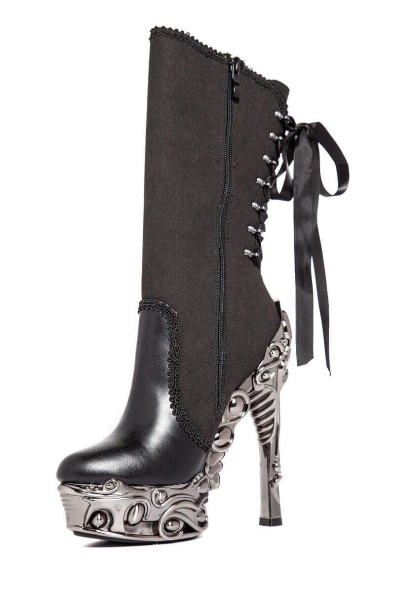 Hades ANALIA Black White Faux Suede Lace Knee High Boots 5″ Chrome Spinal Heel