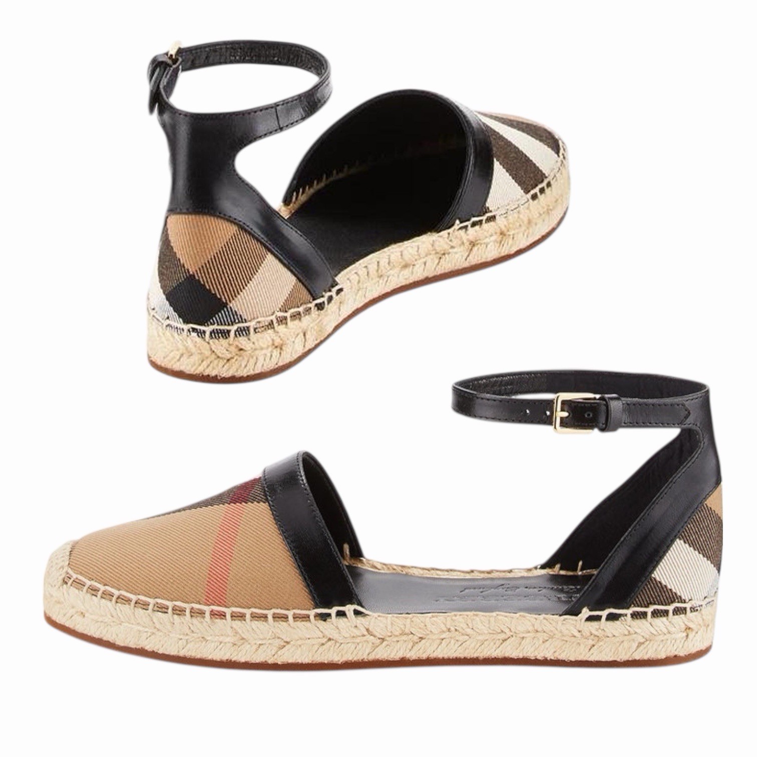 Burberry Abbington Nova Check Ankle Strap Espadrille Flats Black Women Size 41