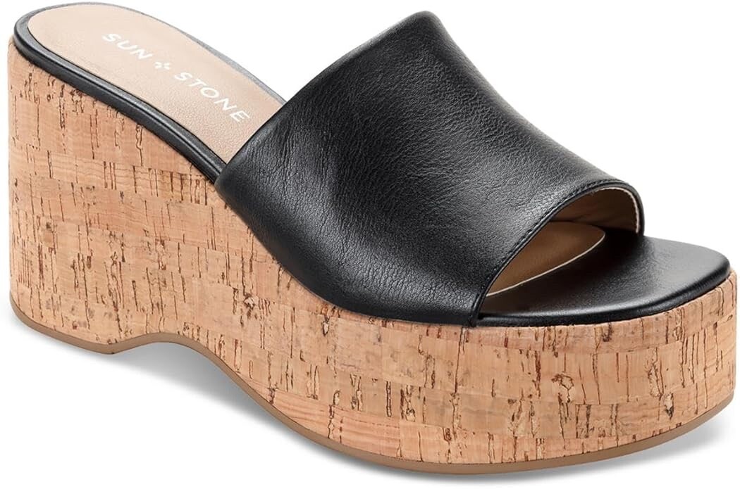 Sun + Stone Women’s Finleighh Faux Leather Wedge Sandal, Black, 9.5 Medium (B,M)