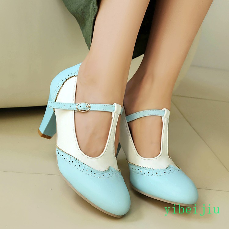 Women’s Low Heel Mary Jane Two Tone Colorblock Shoes T Strap Patchwork Casual OL