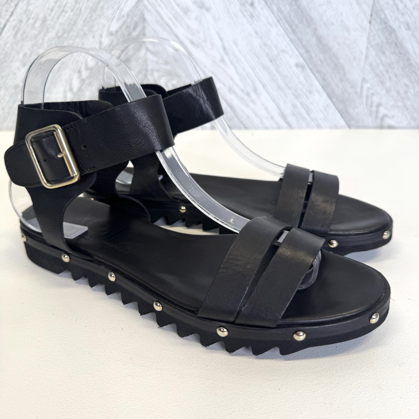 AGL Ankle Wrap Sandals Black Leather Platform Studded Lug Sole EU 39 US 8.5-9