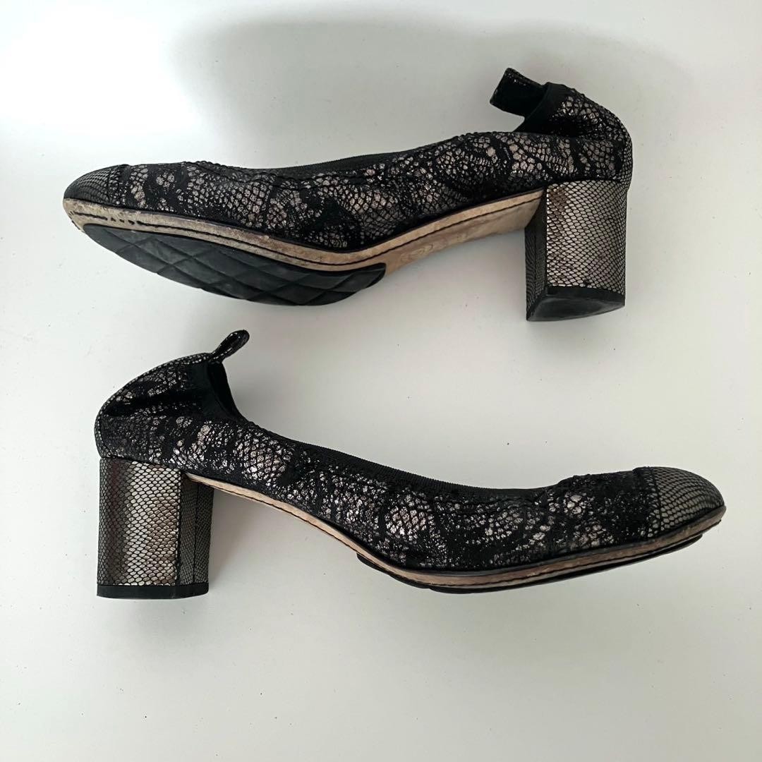 CHANEL Shoes Pumps Heel EU 35.5 US 5.5 Lace Leather Black Silver Authentic