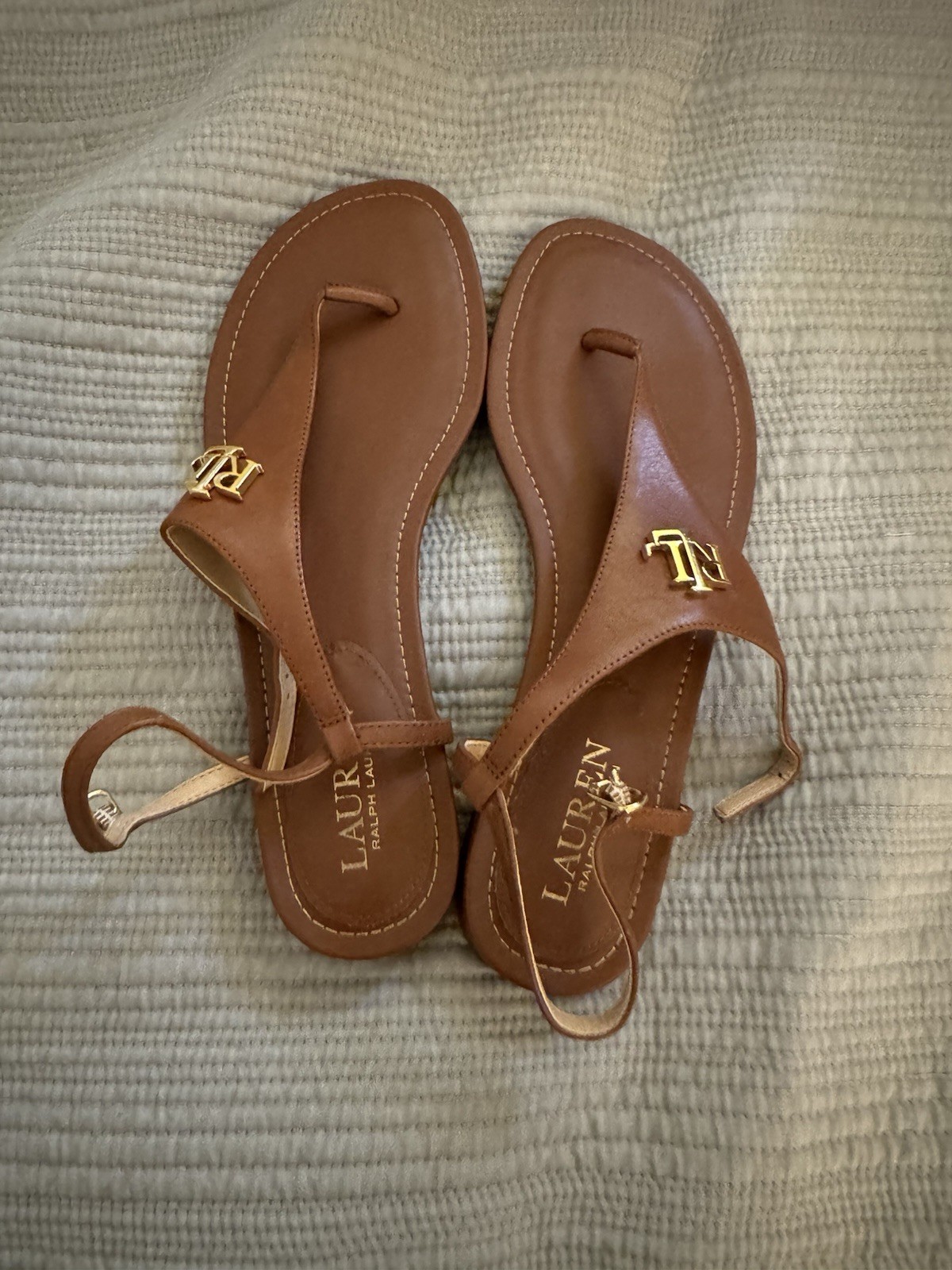 Lauren Ralph Lauren Brown Leather Thong Sandals Ankle Strap Buckle 8.5B