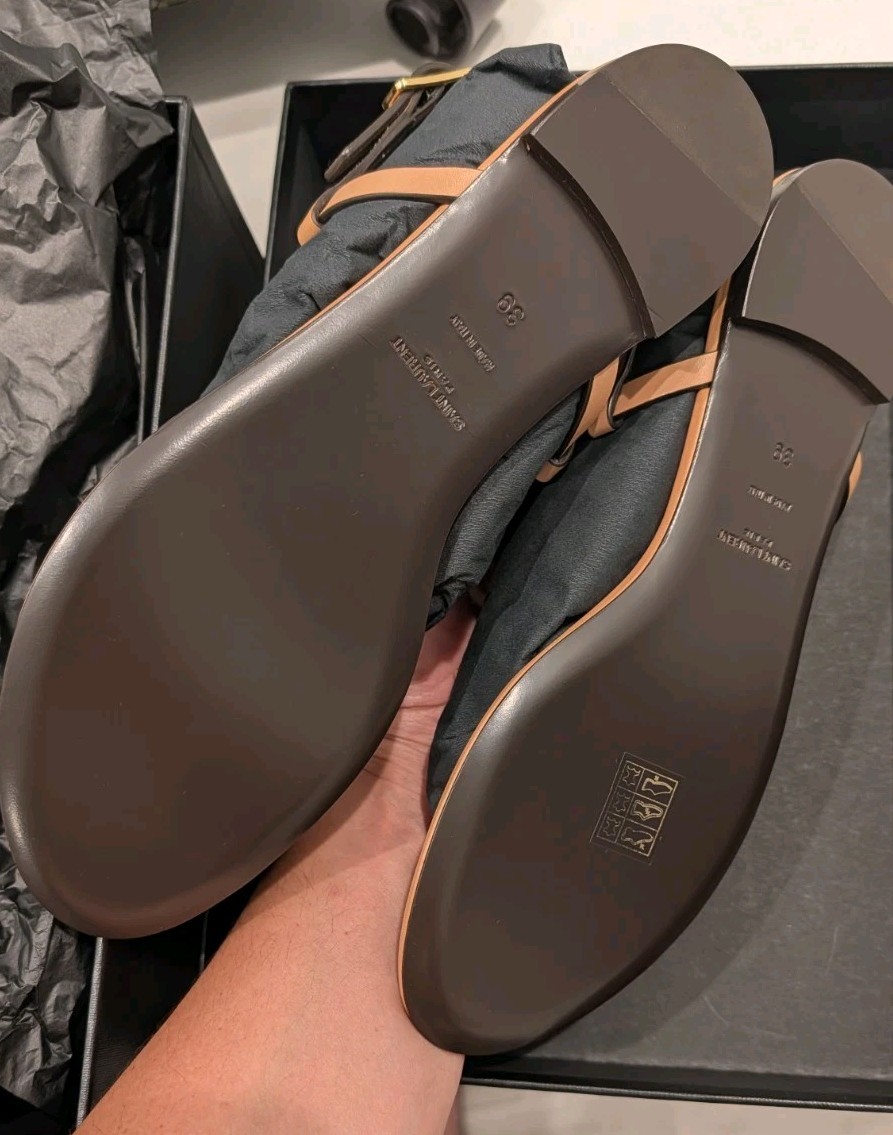 Saint Laurent Brown Leather Flat Sandals Square Toe Logo Buckle EU 39 US 8.5