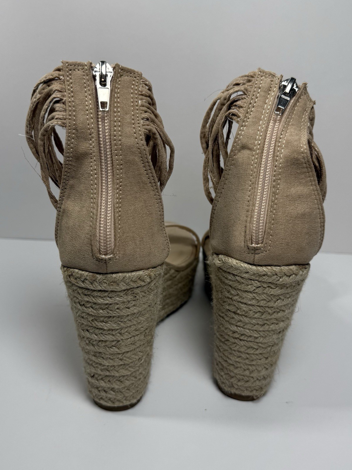 Beige Fringe Espadrille Wedge Sandals Zipper Ankle Strap Fabric Women Size 8