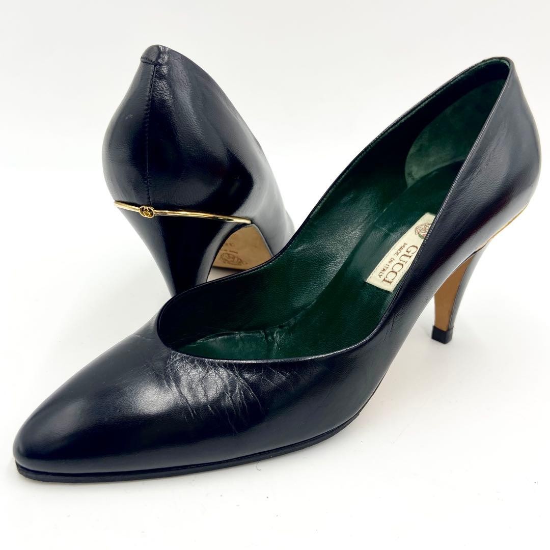 GUCCI Vintage Pumps Black 23.5cm Leather Interlocking GG Detail