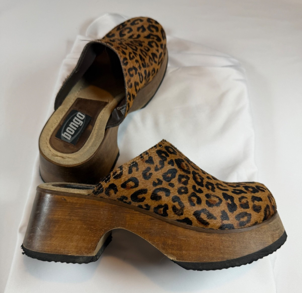 Womens 9 Bongo Leopard Platform Clog Mules Wood Slip On Shoes Y2K Vintage Rare