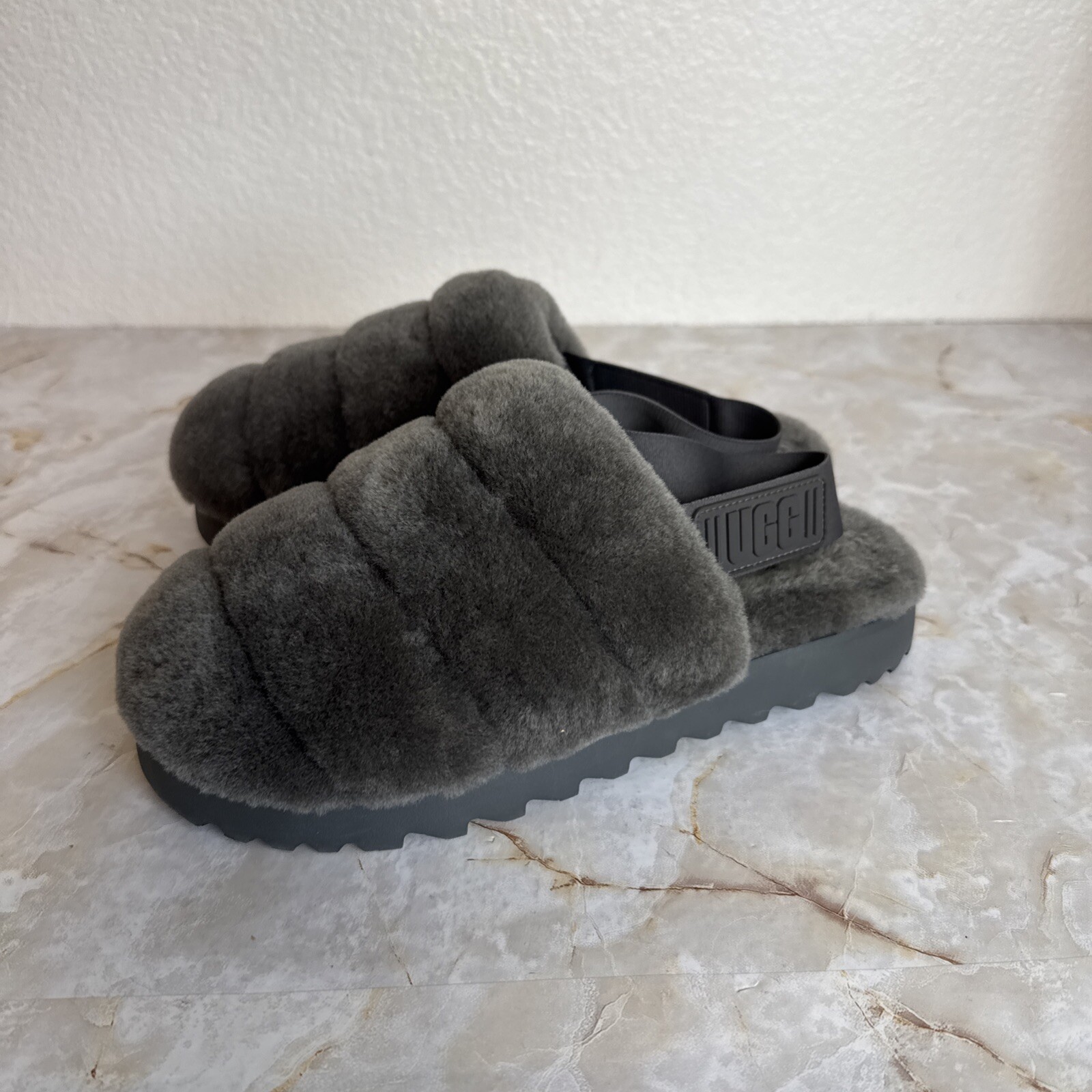 Ugg Womens Super Fluff Gray Slingback Slippers Shoes 8 Medium (B,M)