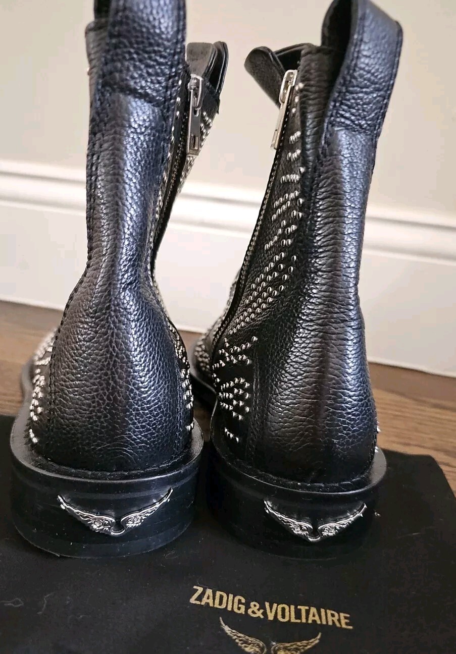 Zadig & Voltaire Laureen Pebbled Leather Studded Ankle Boots Black , Sz 39, NEW!