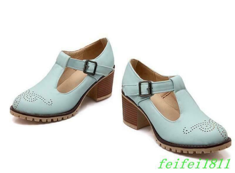 College Womens Brogue T-Strap Chunky heel Buckle Mary Janes Girls Casual Shoes