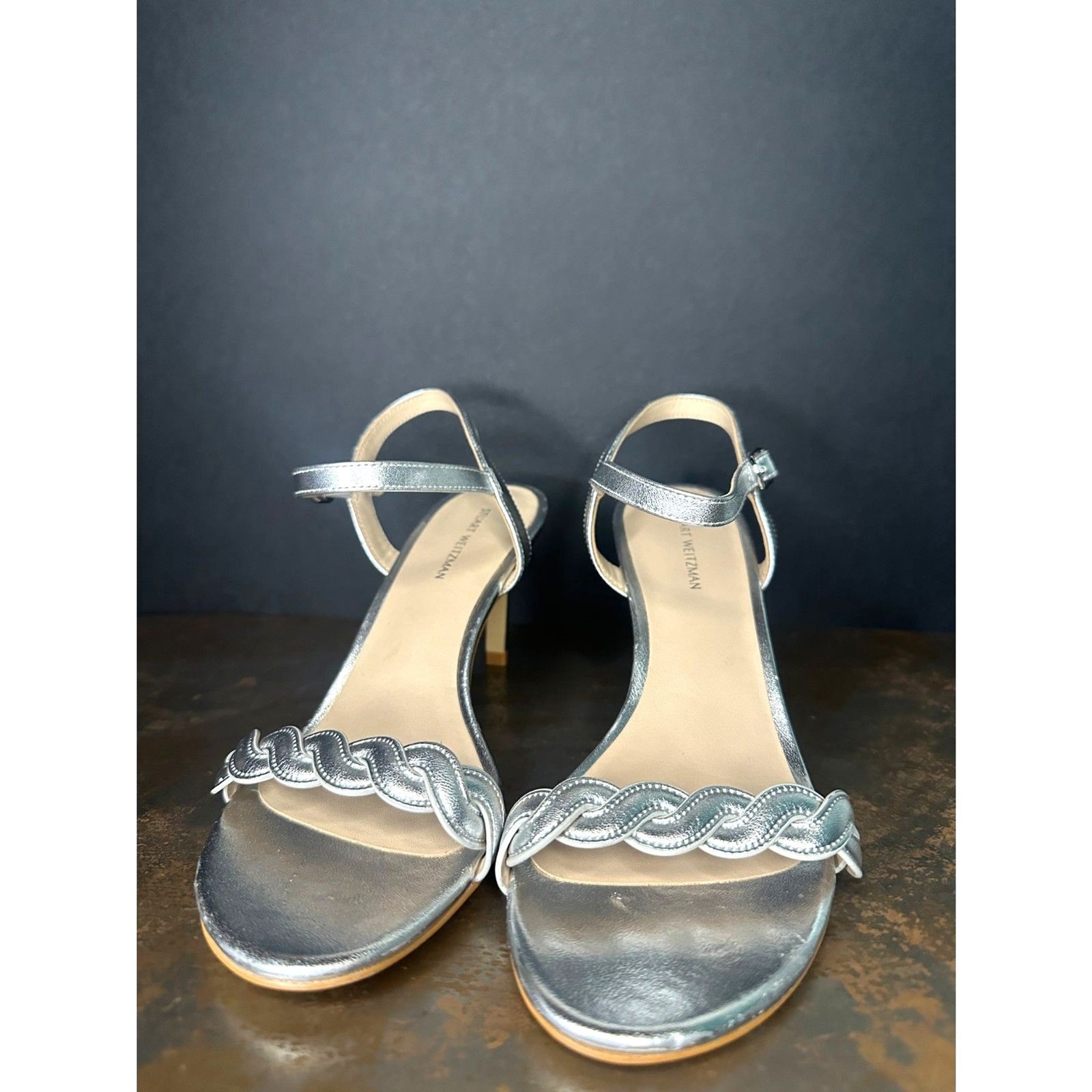 Stuart Weitzman Stiletto Sandals 7.5 Strappy Wedding Elegant Silver Twistie 75