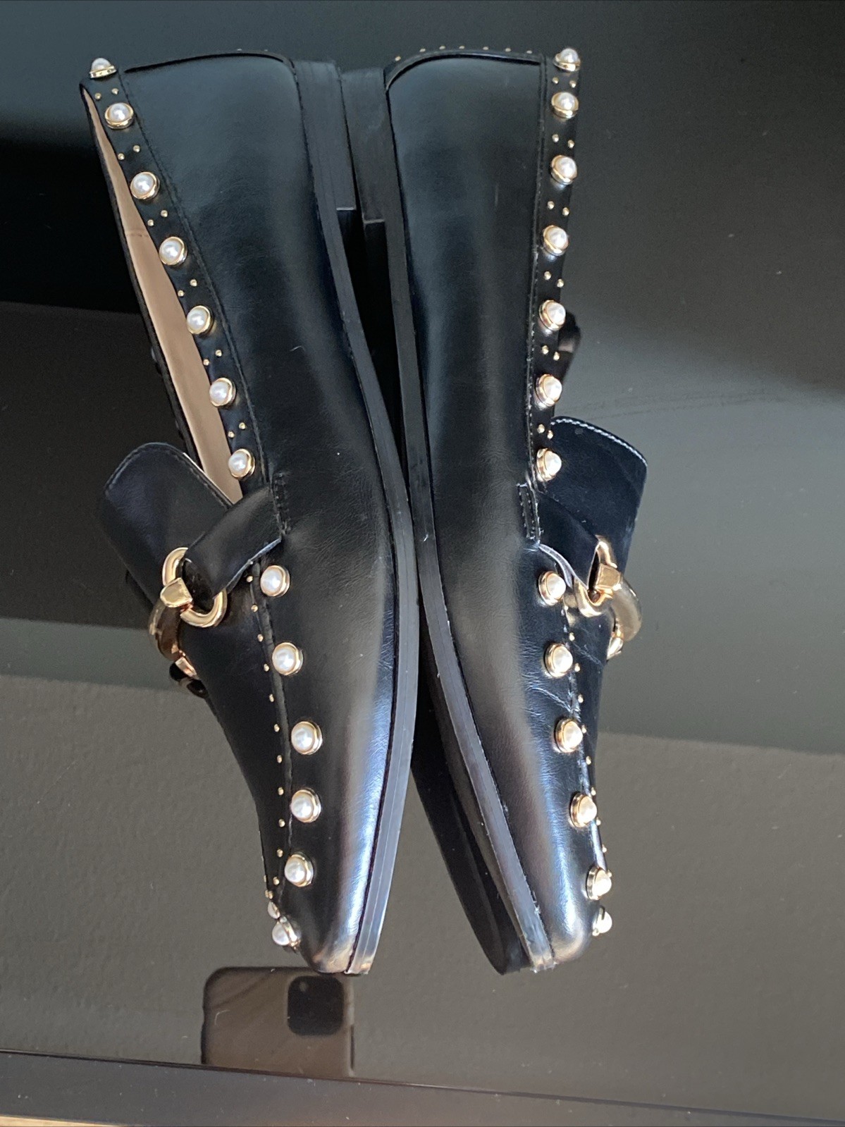 ZARA STUDDED PEARL LOAFERS FLATS LOAFERS SIZE 38 US 7 EUC