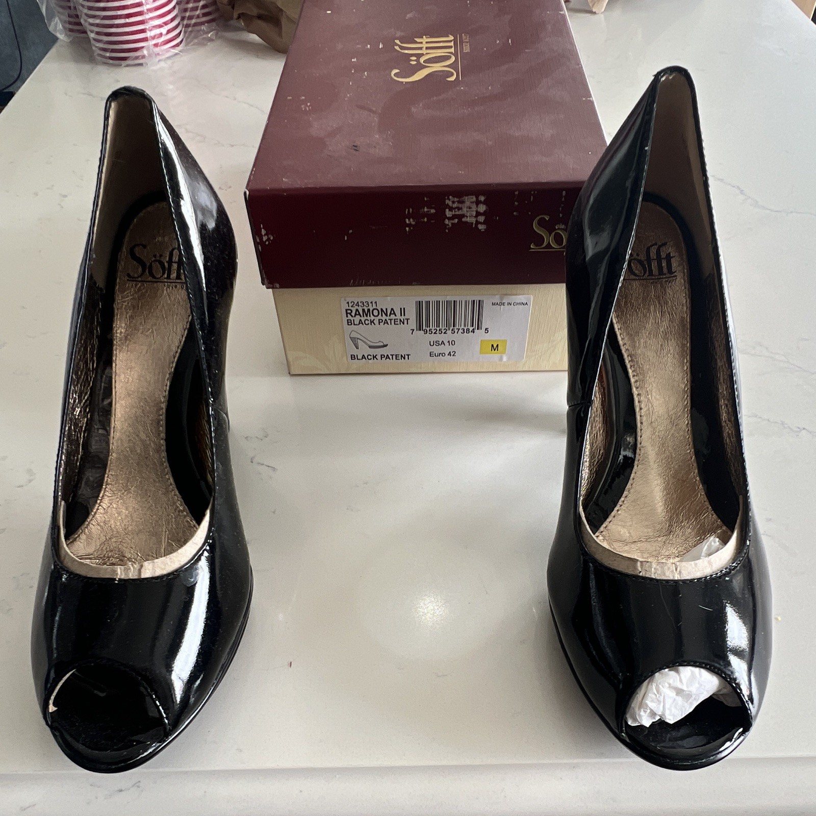 Sofft Women’s Black Patent Leather Peep Toe Slip-On Pumps US 10 EU 42 M