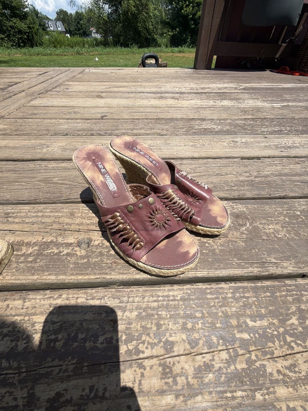Nine West Brown Leather Woven Espadrille Wedge Sandals