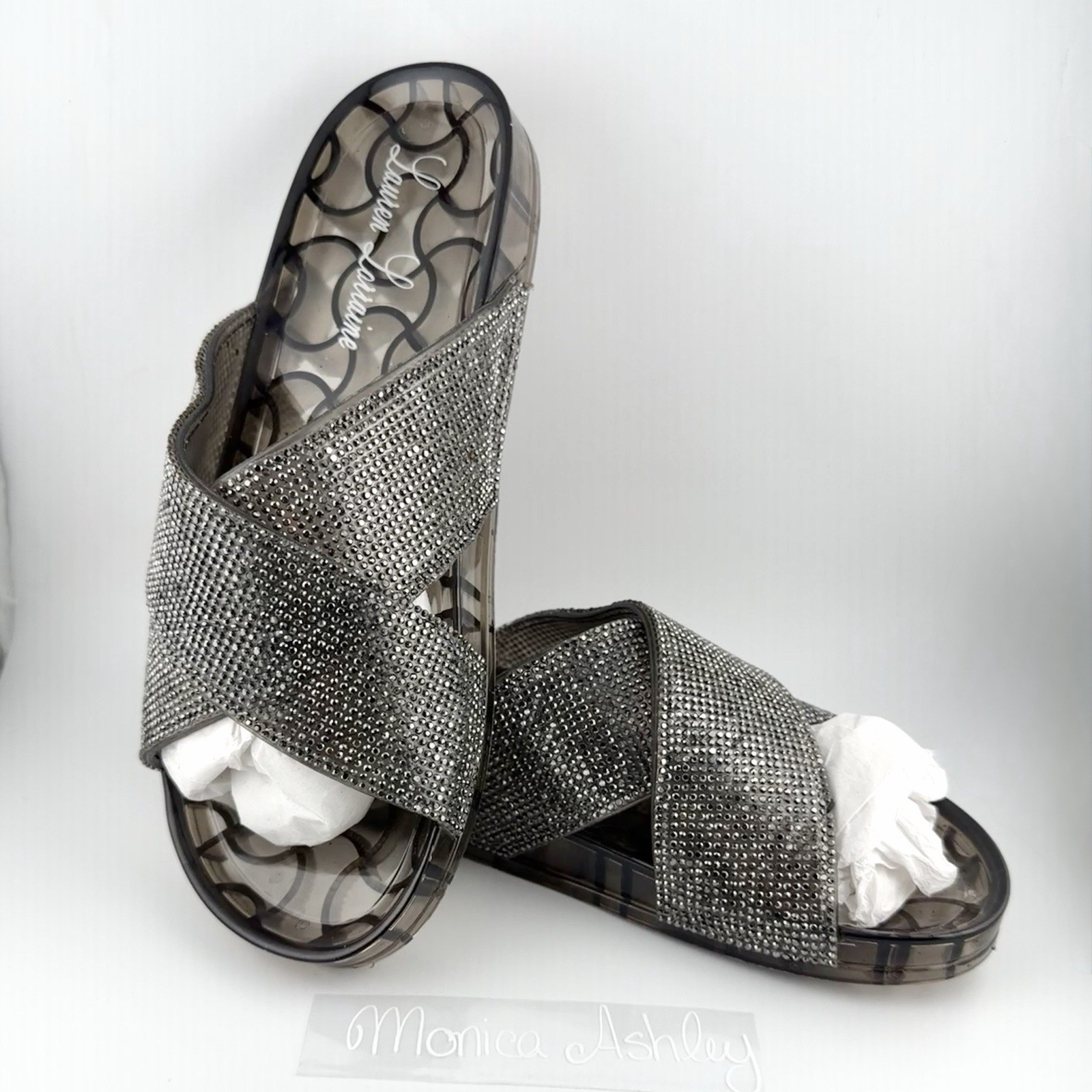 Lauren Lorraine Womens 10 Black Silver Jeweled Jelly Slides Slip On Sandals NEW