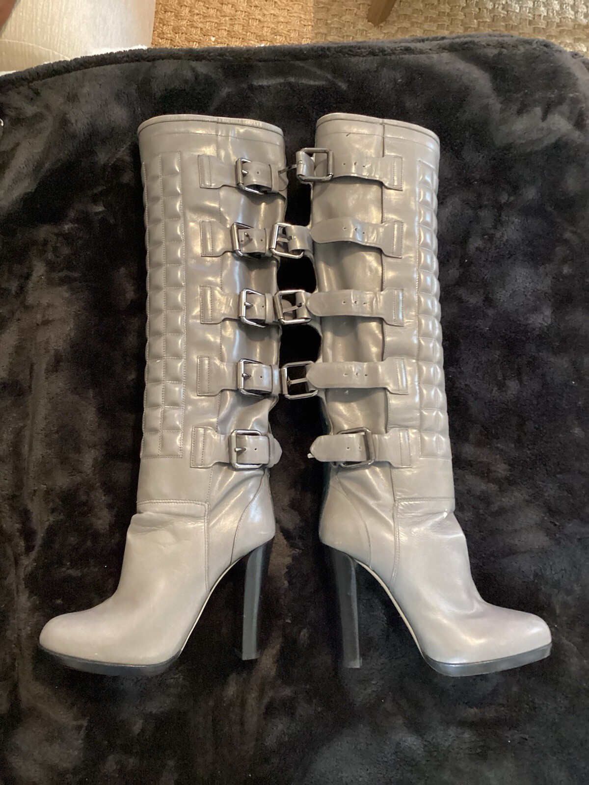 Reed Krakoff Gray Leather Tall Riding Boot Multi Buckle 4″ Heel Euro Size 36