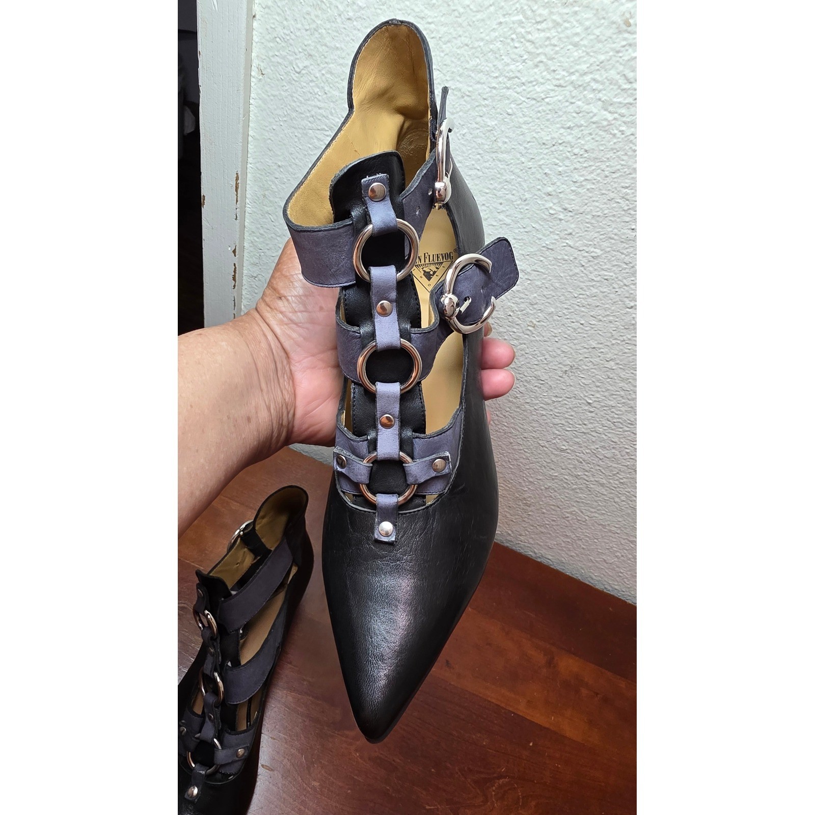 John Fluevog Ankle Boots Womens 11 Black Blue Ring Buckle Pointed Toe Victorian