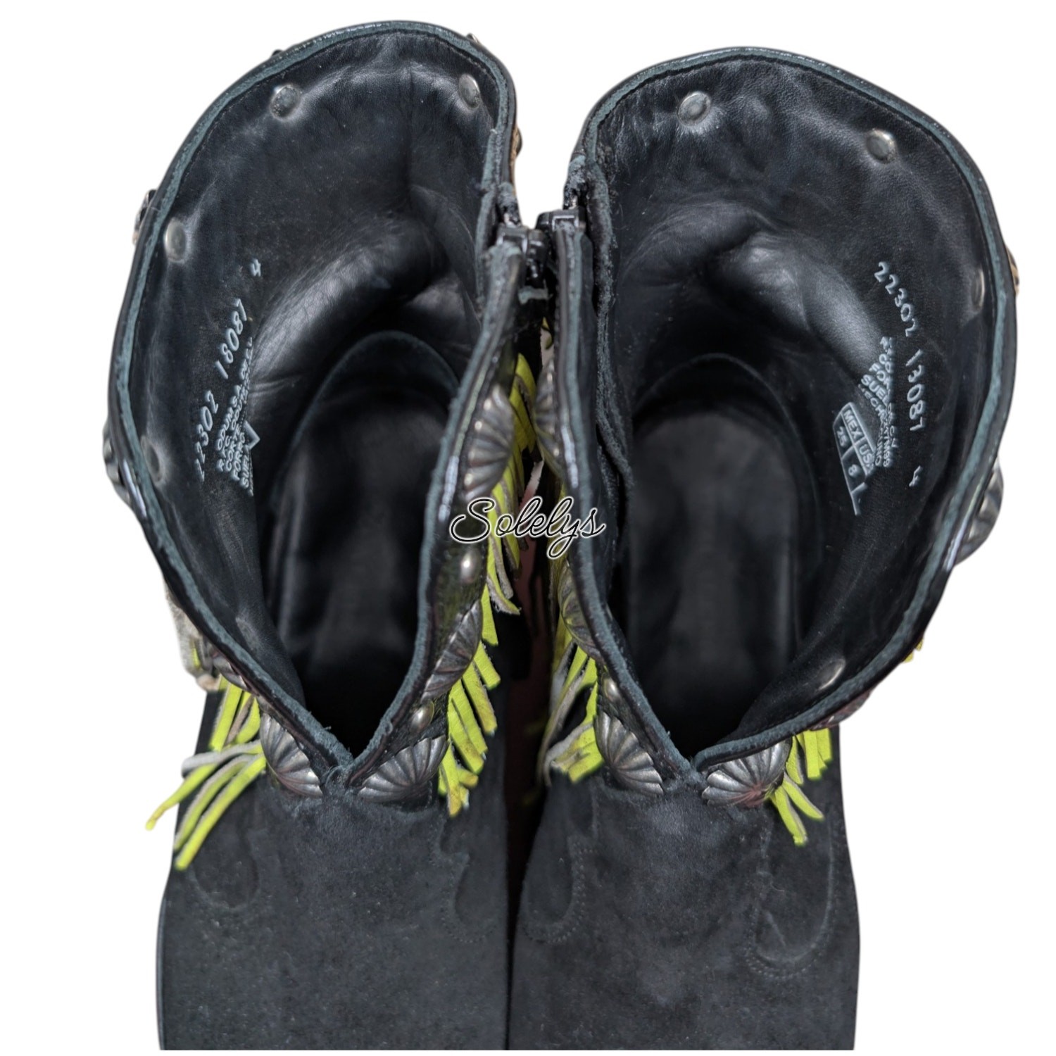 Mezcalero Eilen Green Handmade Fringe Black Suede Pointed Toe Western Bootie 8