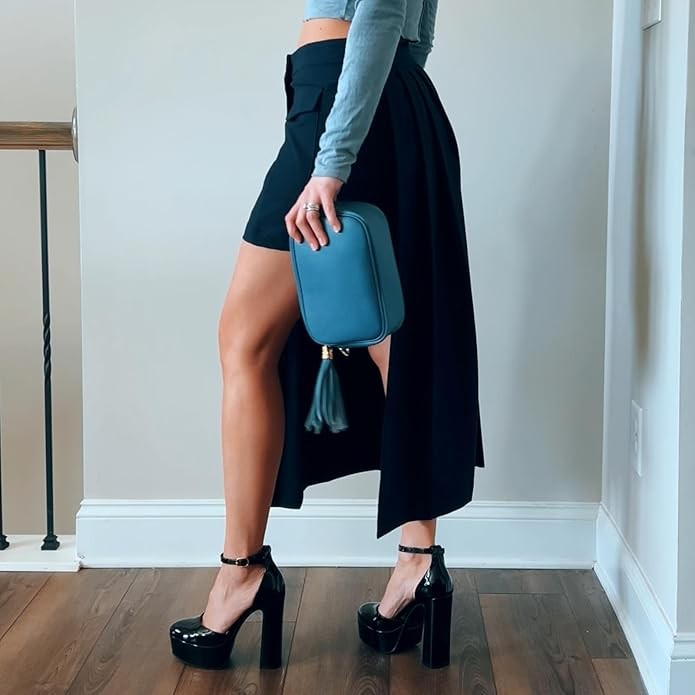Platform Pumps 5″ Chunky High Heels Block Ankle Strap Closed Toe Party Shoes