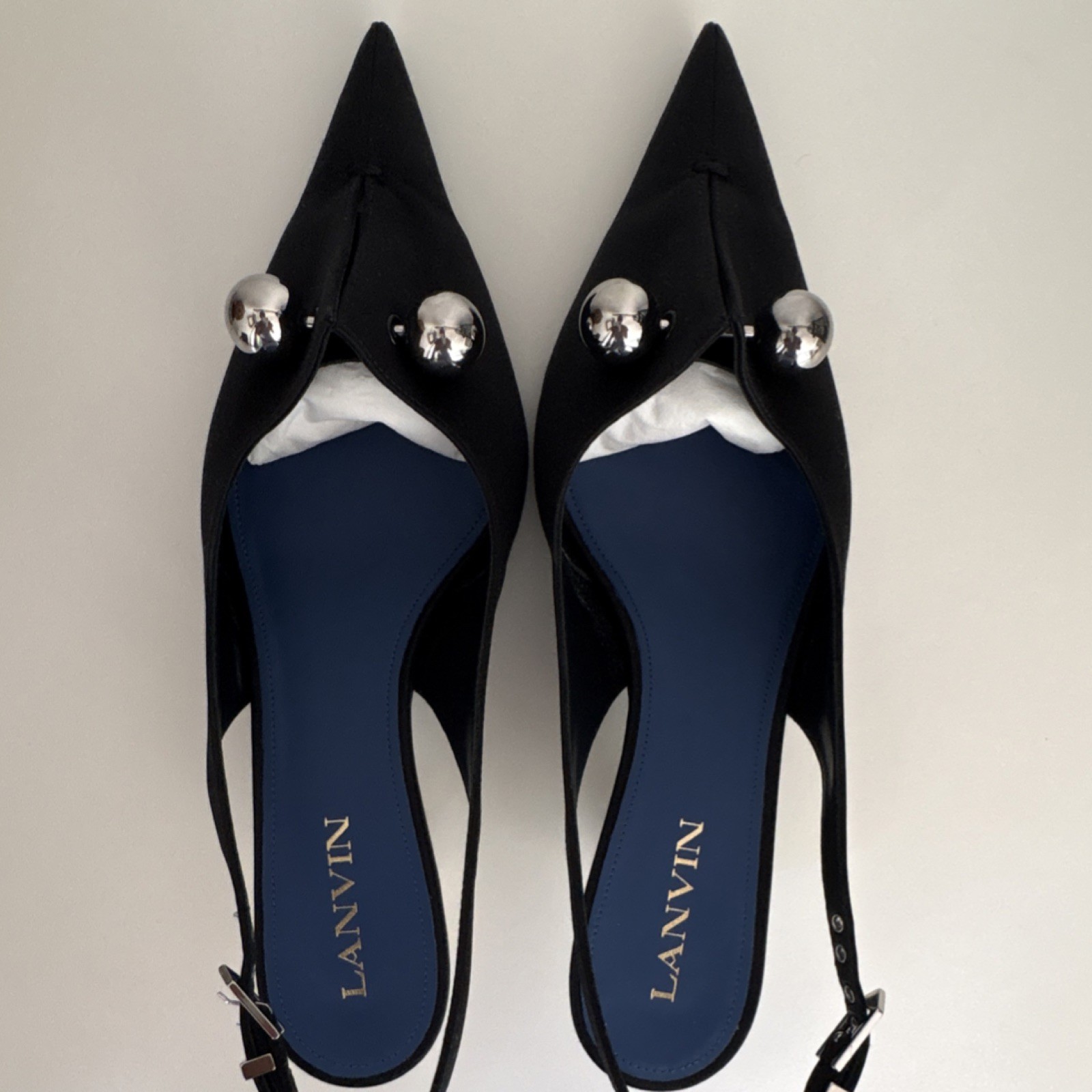 Lanvin Women’s Black/Silver Pointed Toe Slingback Heels Buckle EU 39