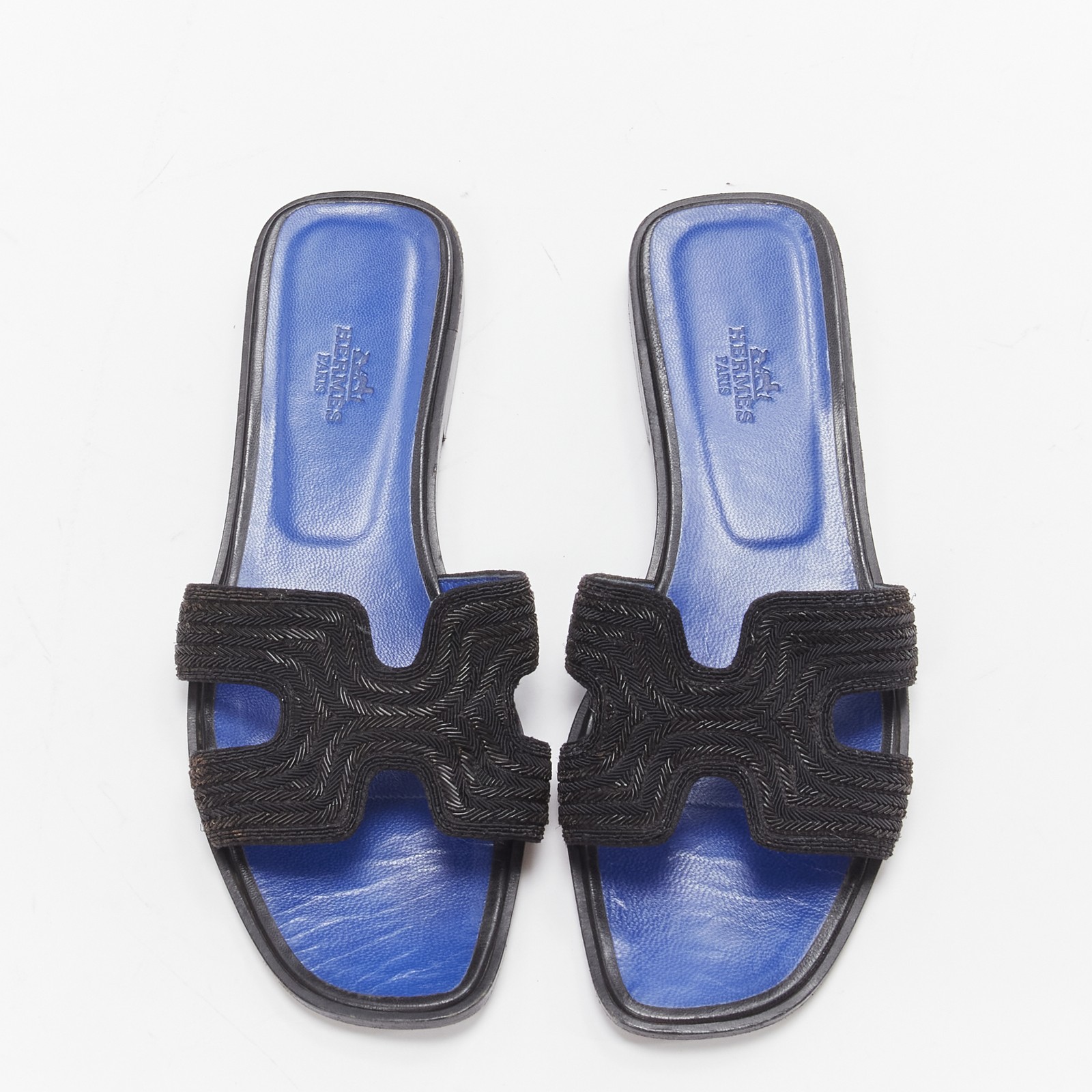HERMES Oran H logo iconic black beaded blue insole sandals shoes EU 37