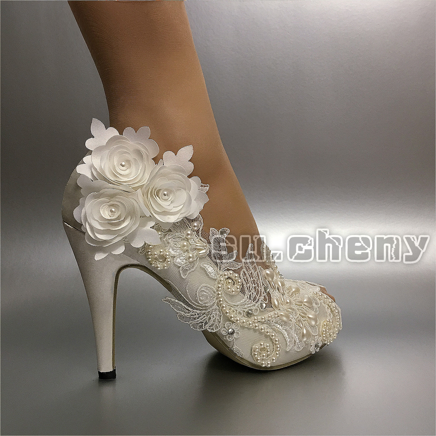su.cheny Pearl satin white ivory lace flowers open toe Wedding Bridal heel shoes