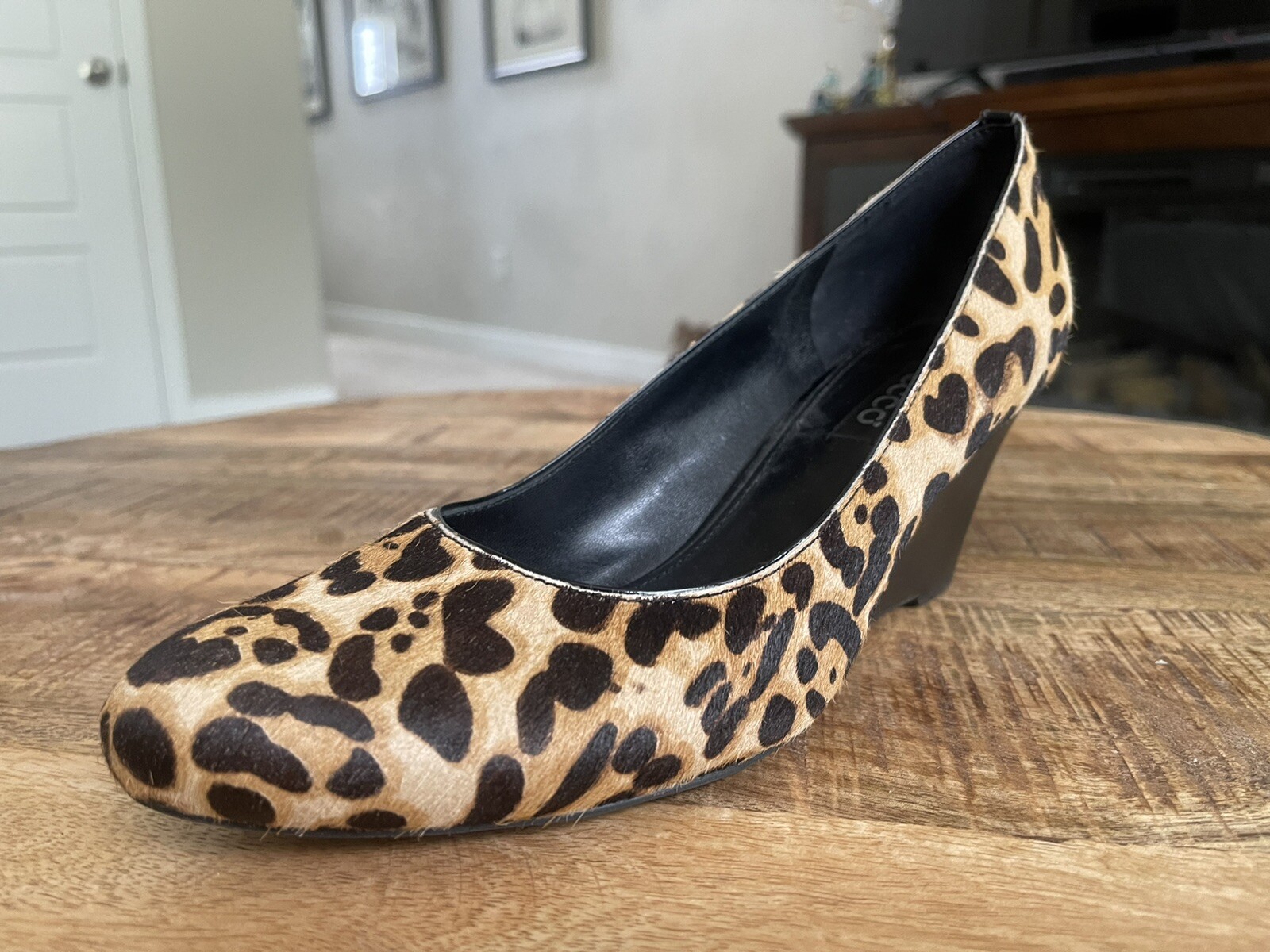 ECCO Beige Brown Real Cow Fur Hair CHEETAH Print Wedge High Heels SZ 41 or 10