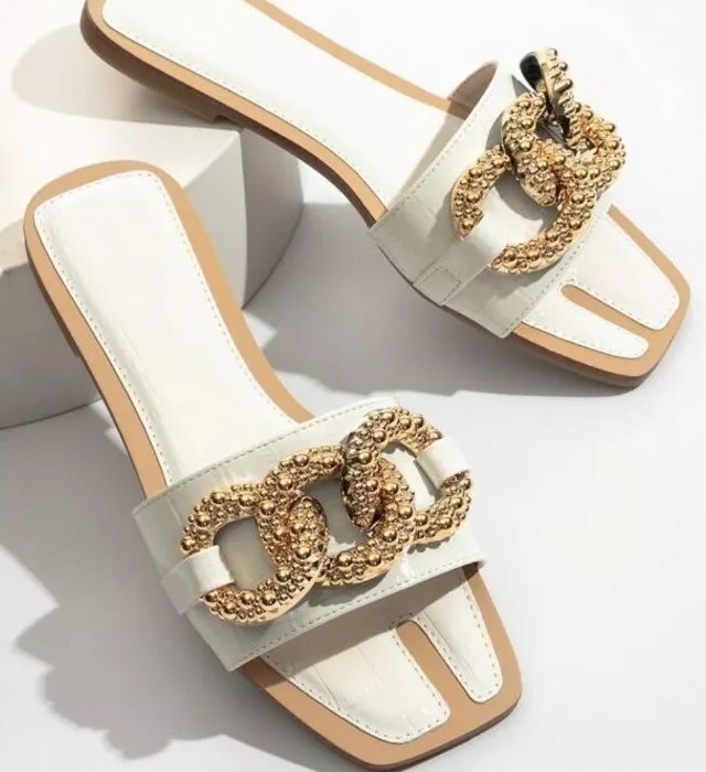 Sandals Gold Glam Metal Gold Chain Luxury White Croc Slides Sandals w Box Sz 9
