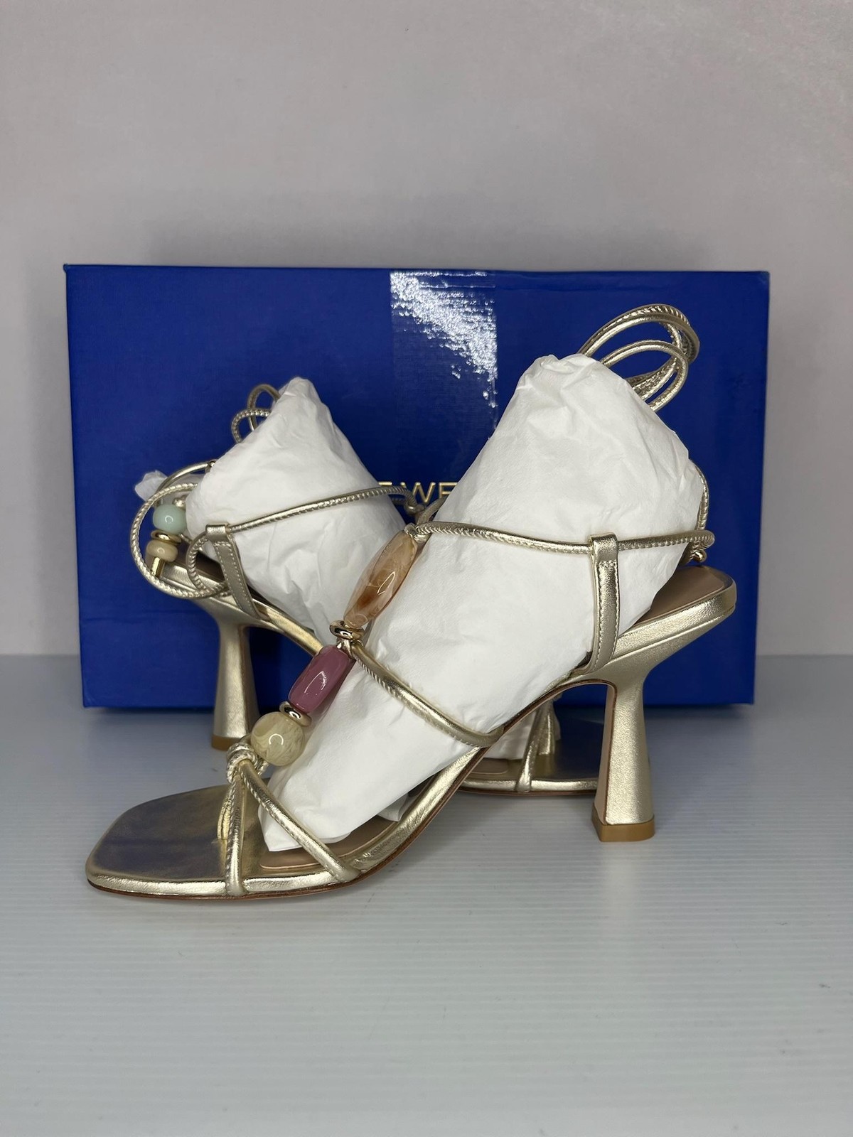 Stuart Weitzman Sandals Womens Size 6.5 Gold Majorca Wrap San 85 Beaded NEW Box