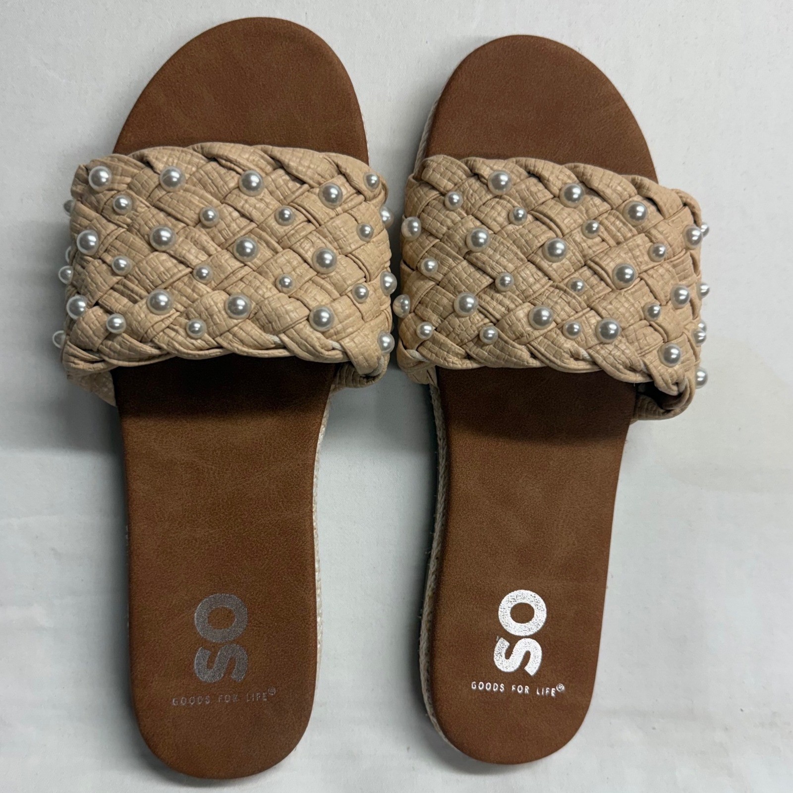 SO Pearl Studded Woven Slide Sandals Womens 7 Medium Beige Raffia Boho