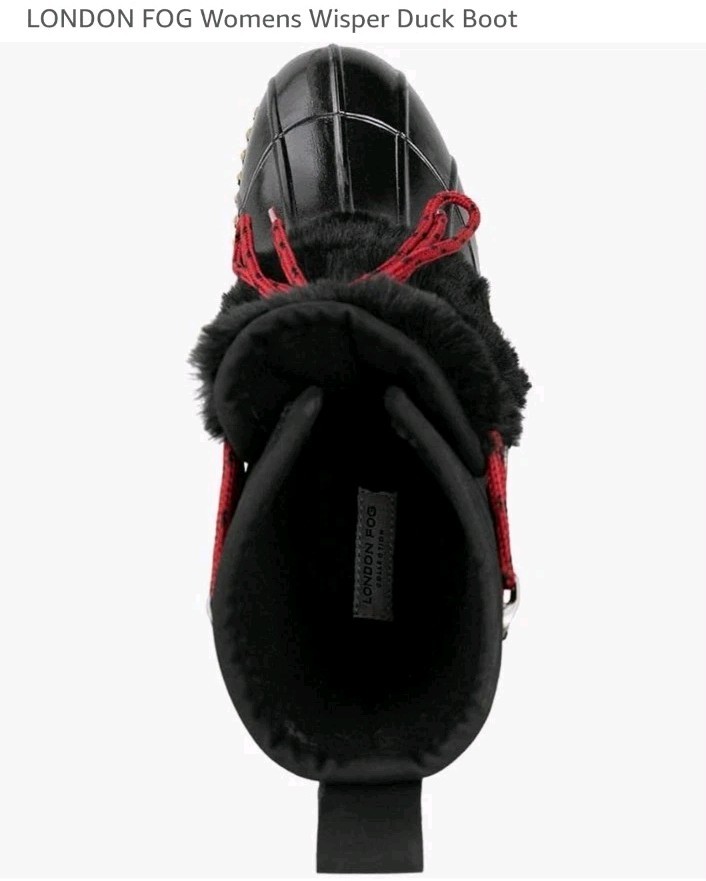 LONDON FOG Wisper Duck Boot Black Faux Fur Red Laces Women’s Size 6 NEW