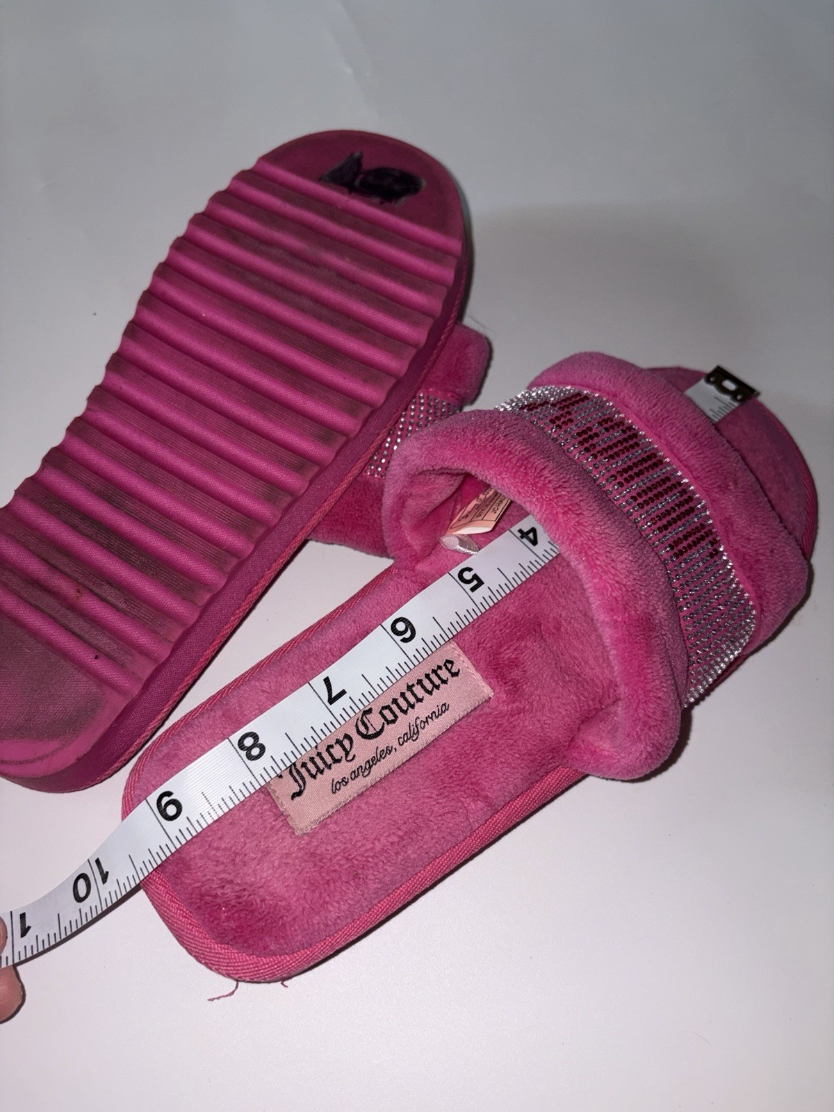 Juicy Couture, Slippers, y2k style fuzzy Hot Pink, Rhinestones, Size Small