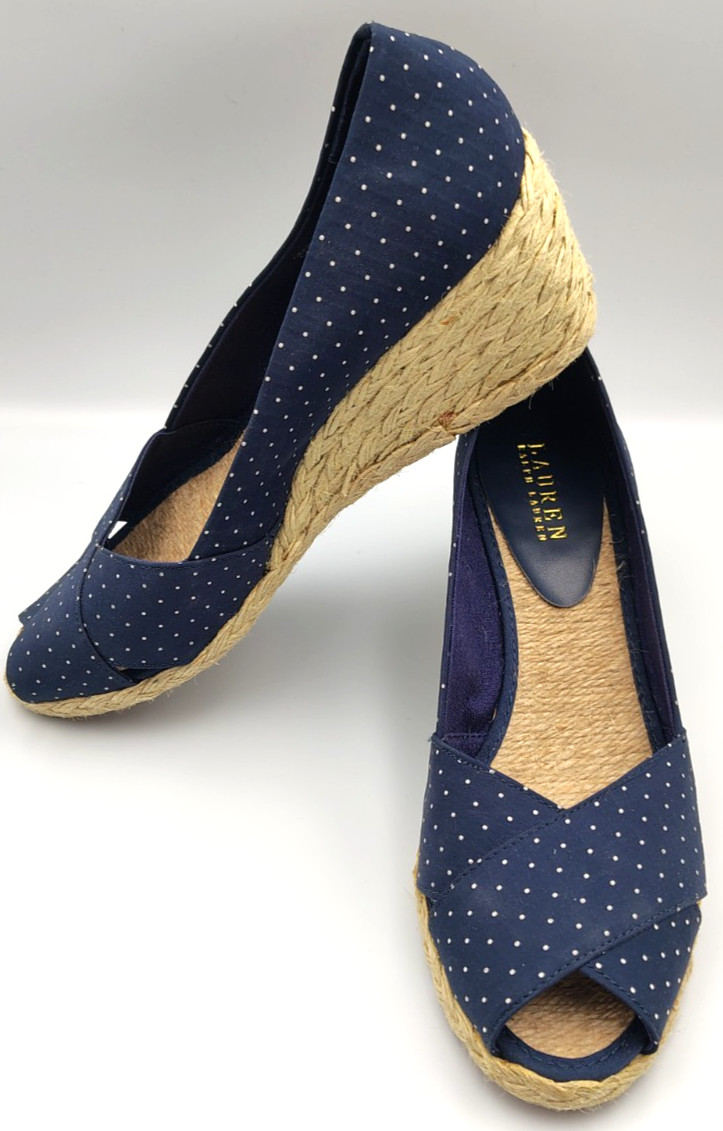 Ralph Lauren Cecilia Espadrilles Wedge Shoes Women’s size 9B Navy Polka Dot’s