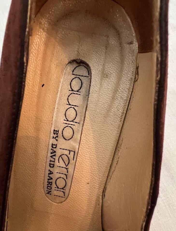 DAVID AARON sz 5 brown suede gold enamel 3″ heel shoes pumps WOW