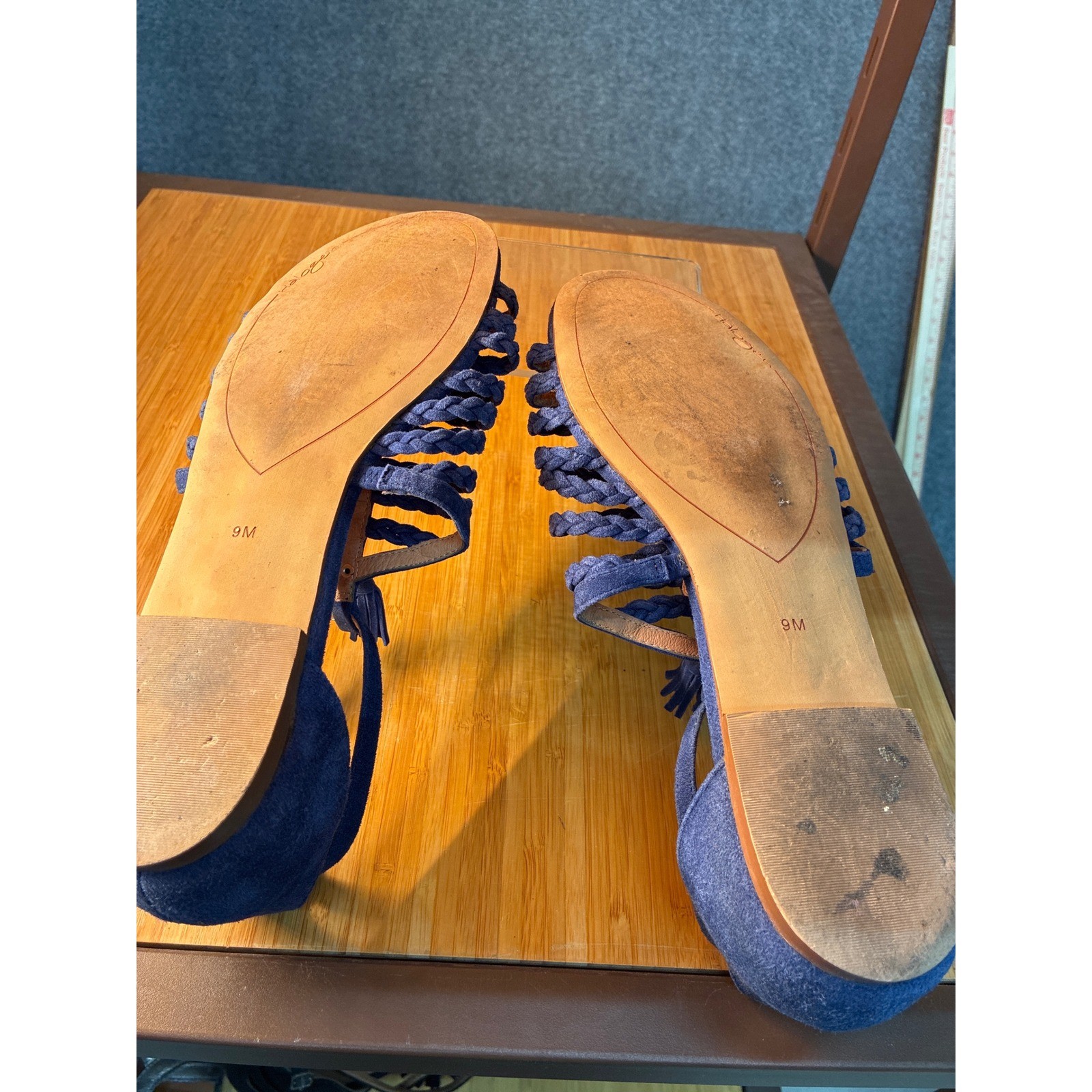 Halogen Blue Suede Braided Tassel Flat Sandals Ankle Strap Womens 9M CA57903