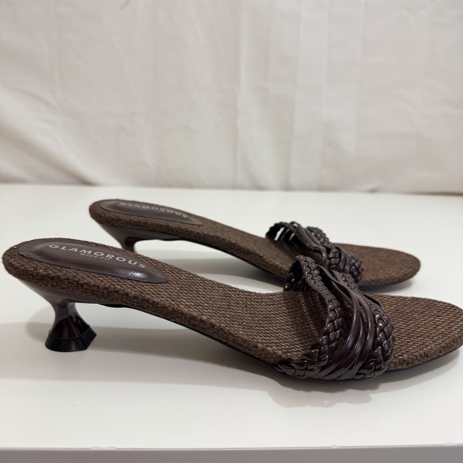 Glamorous Wide Fit Kitten Heeled Woven Sandals Brown 8