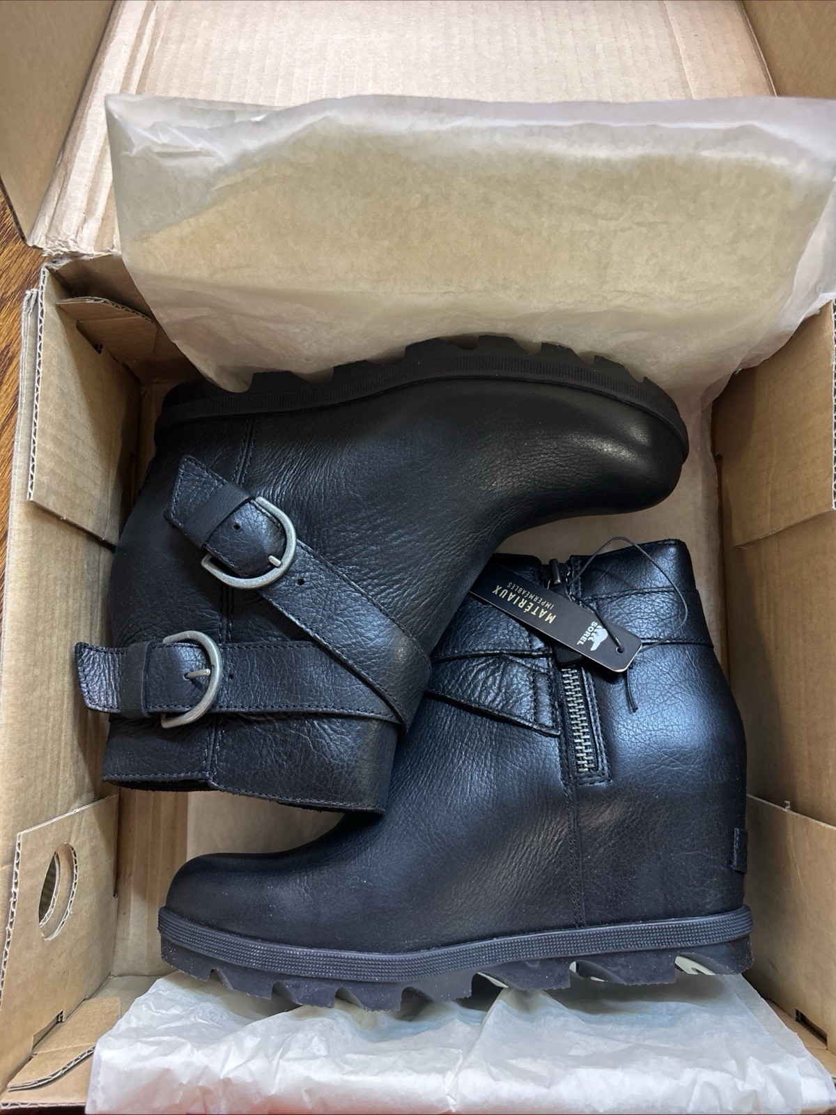 Sorel Joan of Arctic Wedge II Boots Size 8 Buckle Black Leather NL3360-010