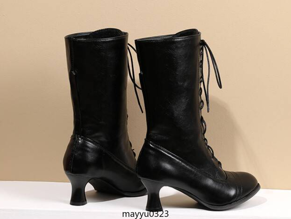 Vintage Womens Mid Kitten Heel Lace Up Faux Leather Ankle Boots Shoes Biker Hot