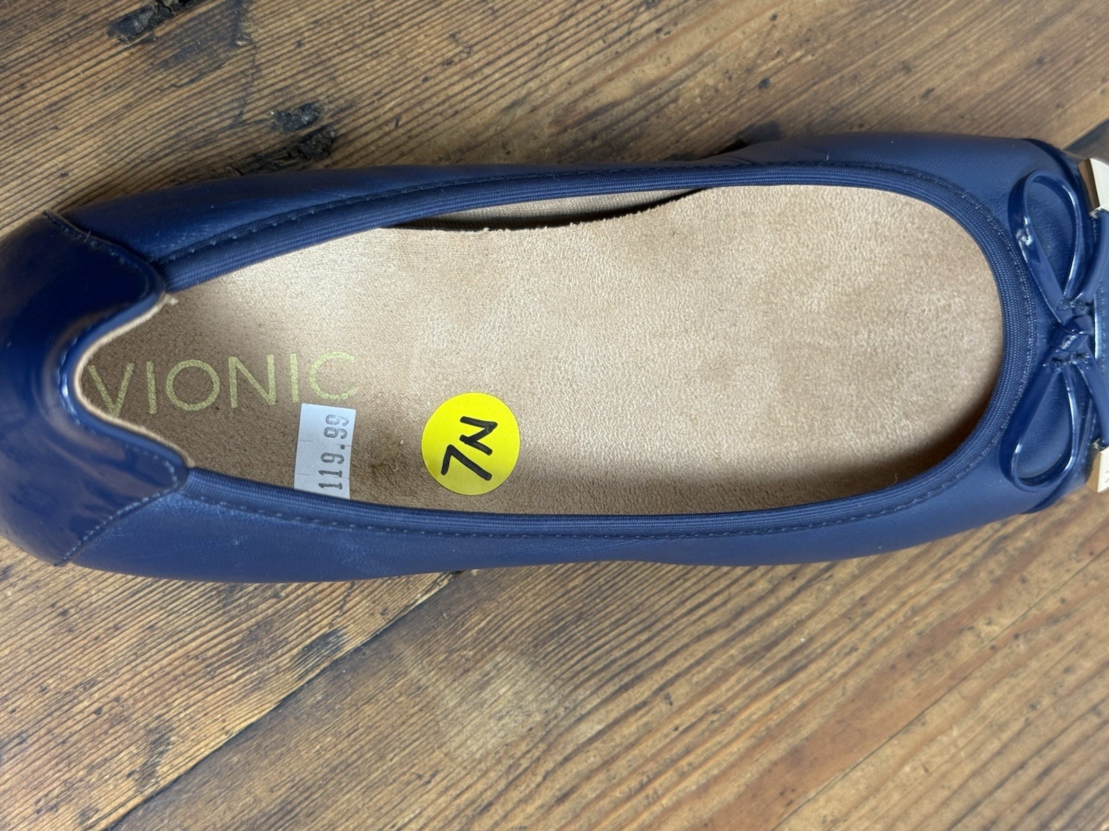 Vionic Minna Ballet Flat Size 7N (W)Blue Leather Slip On Shoe Cap Toe Bow NIB (H