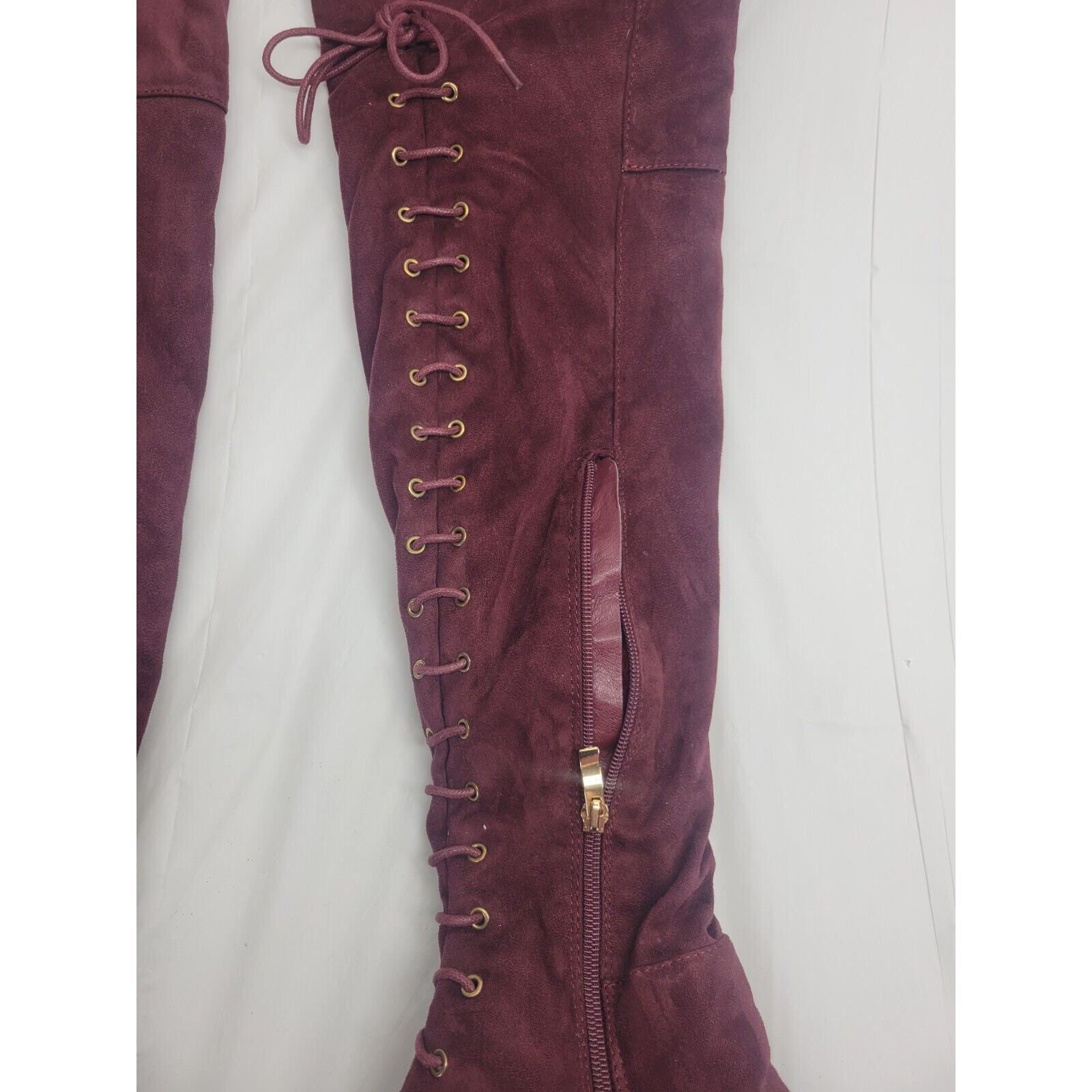 Indulge Size 7 Suede High Heel Over The Knee Boots Lace Up Zip Burgundy Maroon