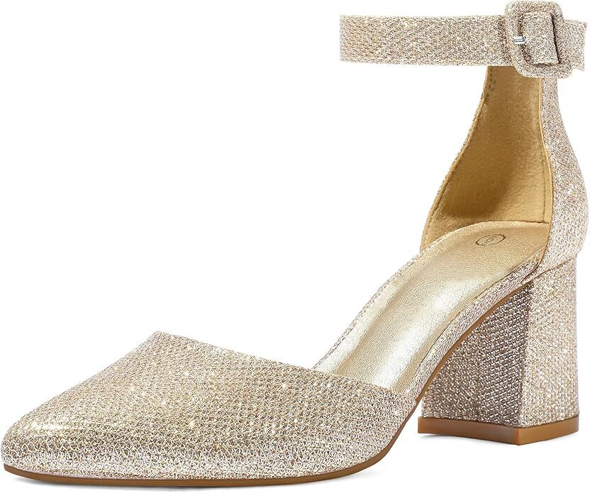 MySoft Women’s Pointed Toe Pumps with Ankle Strap & Block Heel
