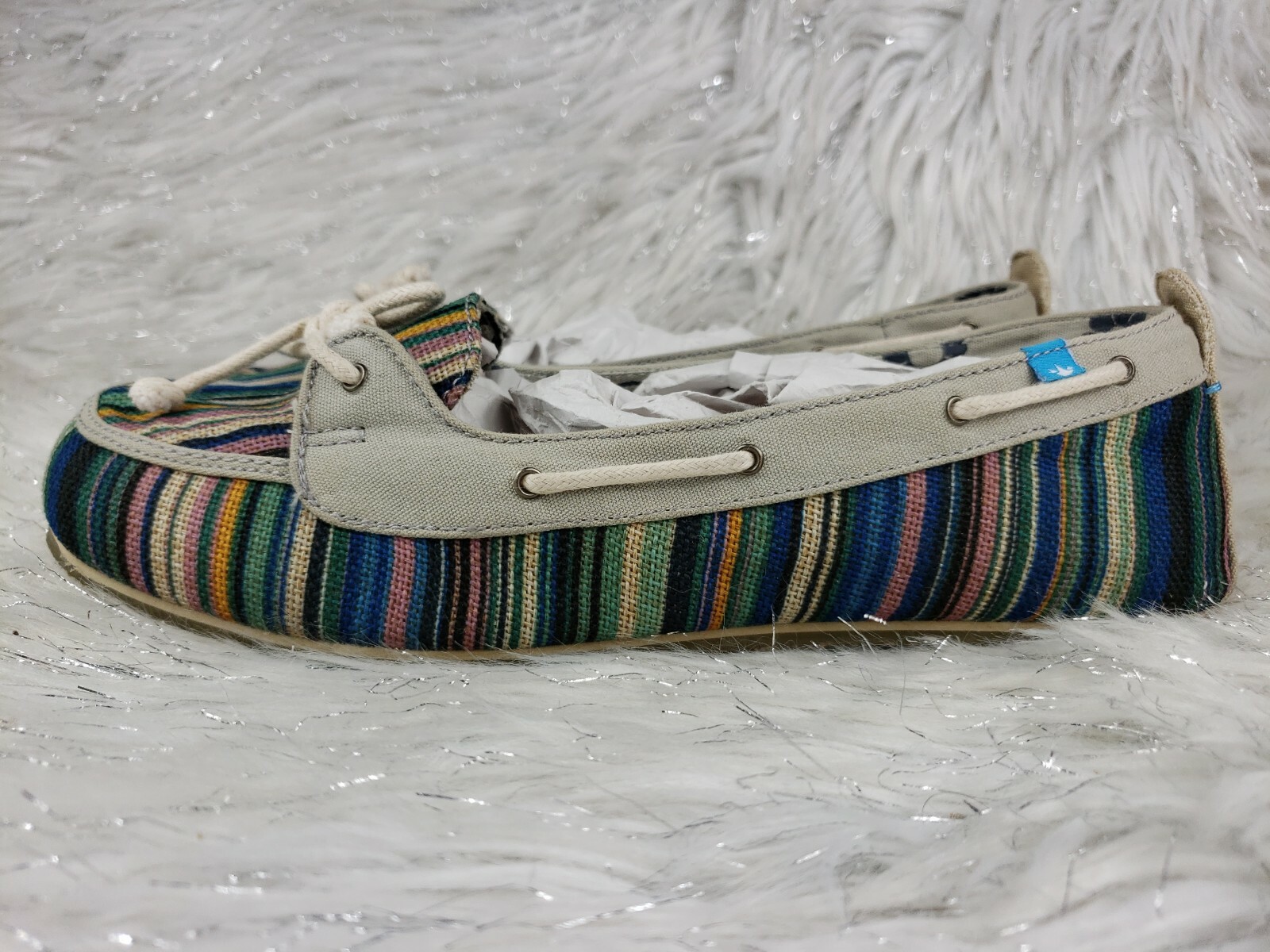 FREE WATERS Striped Womens Sz 9 Beige Multicolor Peace Flowers 640520