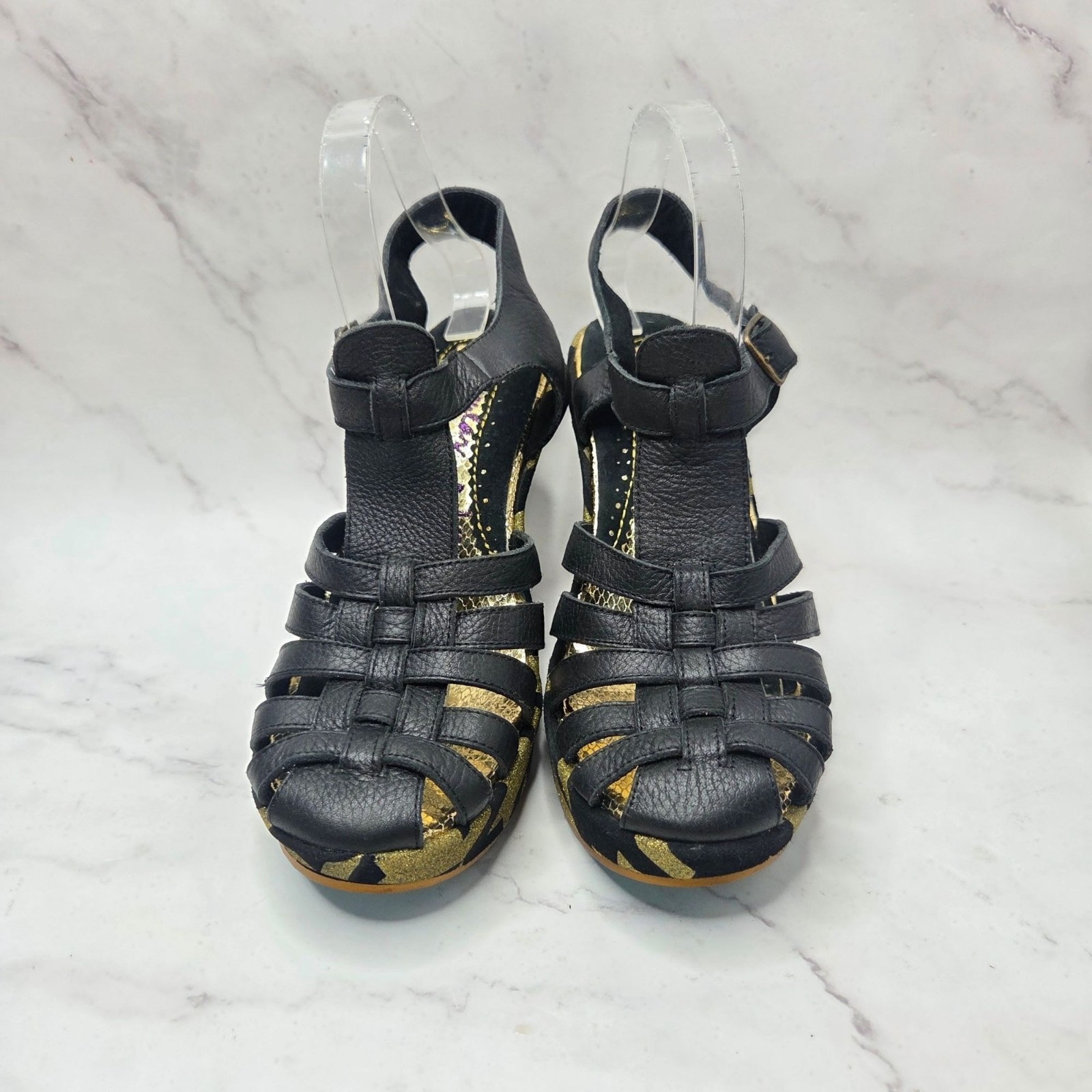 Irregular Choice Gold Black Platform Heels Leather Strappy Women’s 9