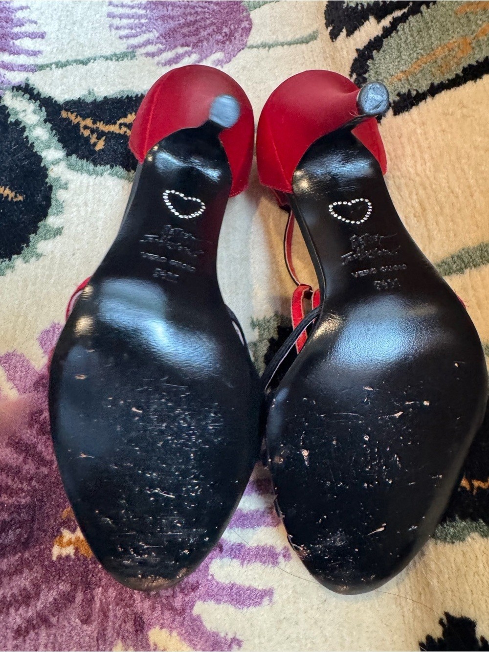 Vintage Betsey Johnson Red and Black Satin Strappy T‑Strap Heels Size 9.5