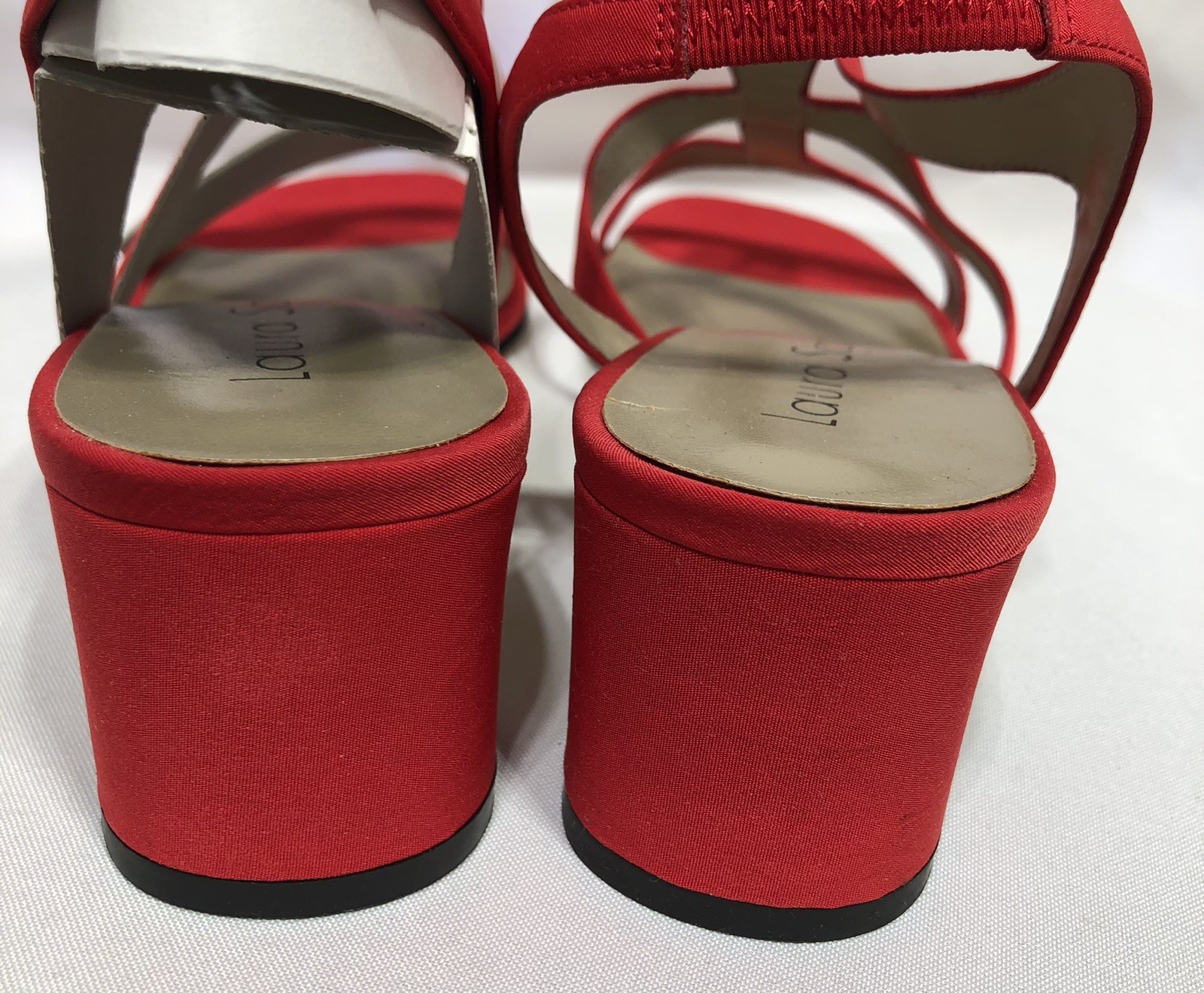 Vintage 90s Laura Scott Fabric Dress Sandals Red Size 9.5M Mid Heel Ankle Strap